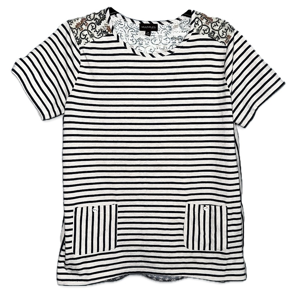 Multiples brand ladies Striped Tee front with Layered Patterned back. Sz Medium